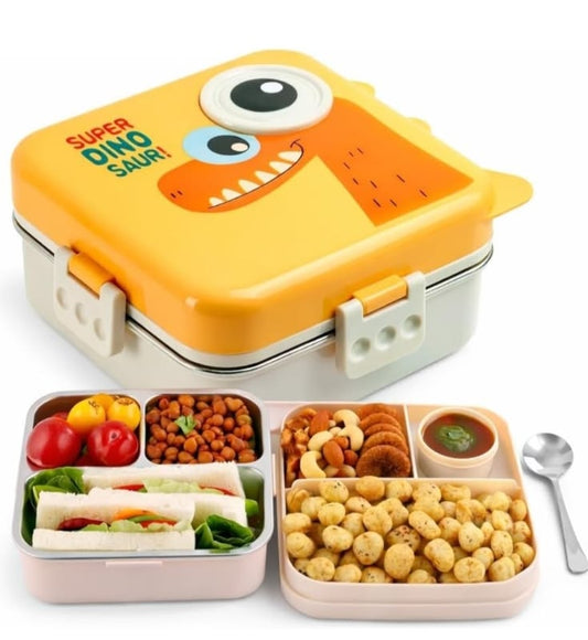 Shark Doo Doo Super Dinosaur Green Kids Lunch Box – Stainless Steel Insulated Tiffin for School with Spoon, BPA-Free | Leak-Resistant Bento Box with Tray & Container