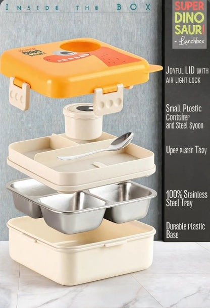 Shark Doo Doo Super Dinosaur Green Kids Lunch Box – Stainless Steel Insulated Tiffin for School with Spoon, BPA-Free | Leak-Resistant Bento Box with Tray & Container